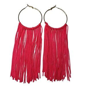 Hoop & Dangling Neon Pink Fringe Earrings